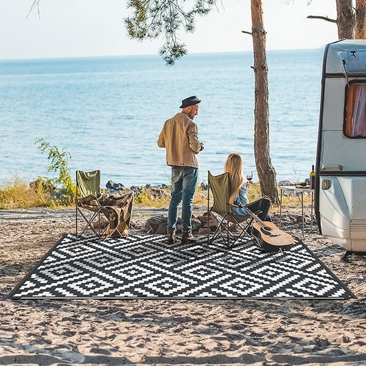 GENIMO 5'x8' Outdoor Rug Waterproof, Reversible Mats, Outdoor Area Rug, Plastic Outside Carpet, Geometric Rv Mat for Patio Camping Rv Picnic Backyard Deck Balcony Porch Beach Trailer (Black & White)