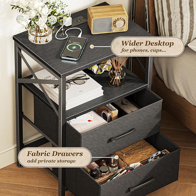 Huuger Night Stand with Charger Station, 2 Drawer Nightstand with Open Shelf, Bed Side Table with USB-C Port, End Table, Compact Size for Small Spaces, X Shaped Side Rail, Black