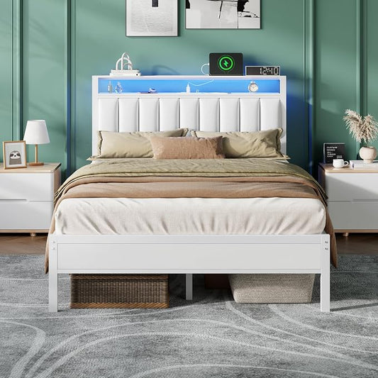 Furnulem White Full Size Bed Frame with Charging Station & Led Lights, PU Leather Upholstered Headboard with 2-Tier Storage Shelves, No Box Spring Needed, Metal Slat Support, Solid and Stable