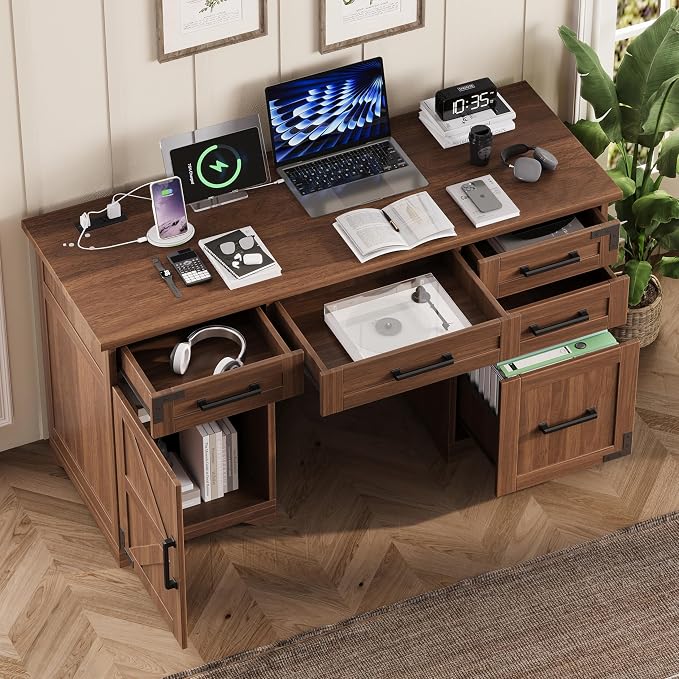 LUMISOL 55” Farmhouse Executive Desk with Charging Station and Power Outlet, Computer Desk with 5 Drawers and Cabinet, Rustic Wood Writing Study Table with File Drawer, Walnut