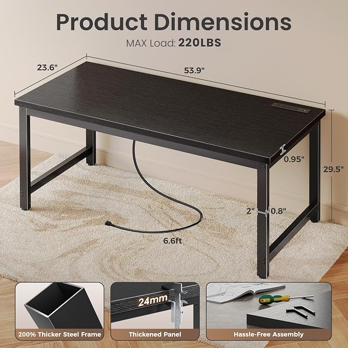 Huuger 55 x 24 inch Desk with Power Outlets & USB-C, Deeper & Thicker Desktop, Robust Metal Tubes, Computer Desk, Heavy Duty Office Desk, Work Gaming Desk for Home Office, Black