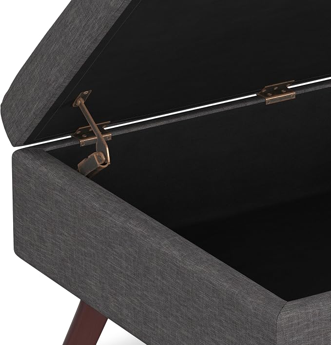 SIMPLIHOME Owen Coffee Table Storage Ottoman - 34" Wide x 19" High Upholstered Linen Look Fabric Rectangular Lift-Top Ottoman in Slate Grey, Mid-Century Modern Bench for Living Room with Tapered Legs