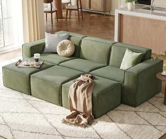 LINSY HOME Modular Sectional Sofa Sets, 105" Boneless 3-Seat Sofa Bed, Large Corduroy Sectional Cloud Couches for Living Room, No Assembly Required, Green