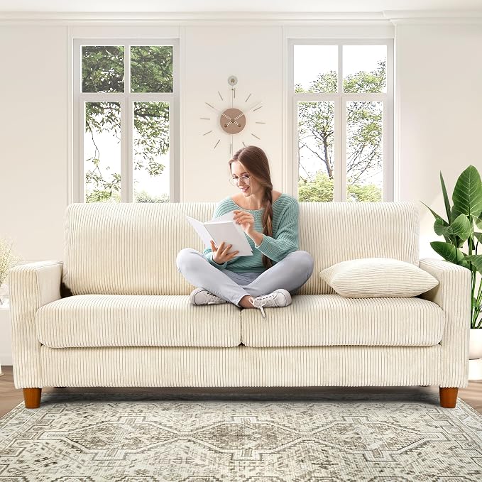 Kidirect 70in U Shaped Couch, Modular Sofa No Tool Assembly, Comfy Sectional Couches for Living Room 21in Deeper Seats, Corduroy Sofas for Living Room with 2 Pillows, Loveseat Sofa Set, Beige Couch