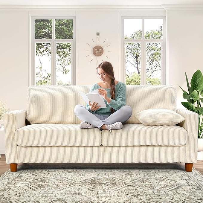 Kidirect 70in L Shaped Couch, Modular Sofa No Tool Assembly, Comfy Sectional Couches for Living Room 21in Deeper Seats, Corduroy Sofas for Living Room with 2 Pillows, Loveseat Sofa Set, Beige Couch