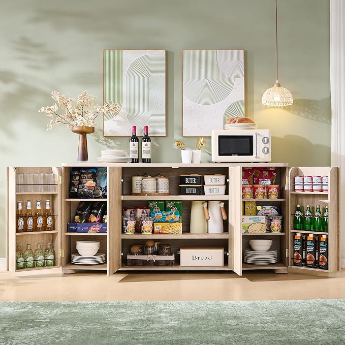 IFGET Curved Buffet Cabinet with Doors, 66" Large Sideboard Buffet Storage Cabinet with 4 Doors and Shleves, Modern Coffee Bar Station Wood Kitchen Table for Kitchen, Dining Room, Light Grey