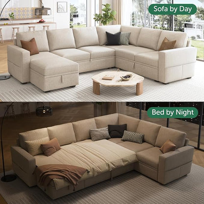 HONBAY Modular Sectional Sleeper Sofa with Pull Out Bed, U Shaped Sectional Couch with Storage Ottoman, Sleeper Sectional Couches for Living Room, Beige