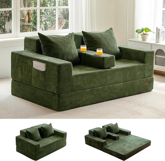MAXYOYO Loveseat Sofa Bed, 64" Foldable Floor Sofa Couch in A Box with 2 Cup Holders, 4 in 1 Convertible Boneless Couch Folding Recliner Chair for Living Room, No Assembly Required, Green