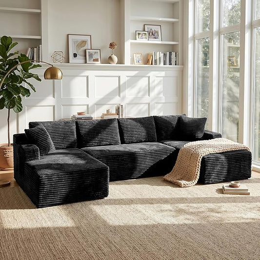 Boneless Couch, 127" Sofas for Living Room, U Shaped Couch with Chaise | Sectional Sofa, Cloud Couch Sectional with Cup Holders and Storage, Cloud Sofa with Deep Seat, Black, Corduroy, No Assembly