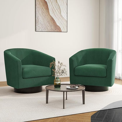 Swivel Barrel Accent Chair, Modern Round Corduroy Fabric Arm Chair for Living Room, Bedroom, Comfy Club Reading Chairs for Adults (Corduroy Dark Green, Set of 1)