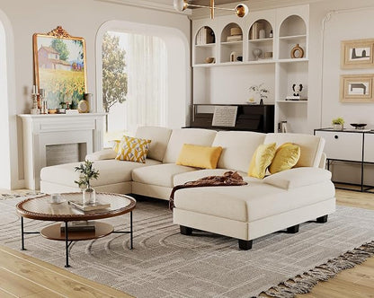 Furmax Sectional Couches for Living Room, U-Shaped Sofa Couch with Linen Fabric, 4 Seat Sofa Set with Double Chaise for Apartment (Chenille, White)