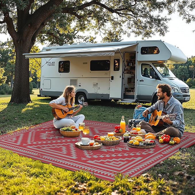 GENIMO Outdoor Rug for Patio Clearance - 6x9 ft Waterproof Plastic Camping Rugs, Reversible Outside Rv Mat Carpet for Porch, Deck, Picnic, Balcony, Beach, Backyard, Red Grey