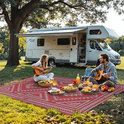 GENIMO Outdoor Rug for Patio Clearance - 6x9 ft Waterproof Plastic Camping Rugs, Reversible Outside Rv Mat Carpet for Porch, Deck, Picnic, Balcony, Beach, Backyard, Red Grey