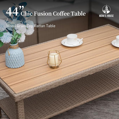 HERA'S HOUSE Patio Furniture Set, 4 x Cushioned Chairs, 3-Seat Sofa with Wood Grain Coffee Table, 5 Seats Luxury Windsor Style All Weahter Outdoor Sofa Conversation Set for Deck Lawn Backyard