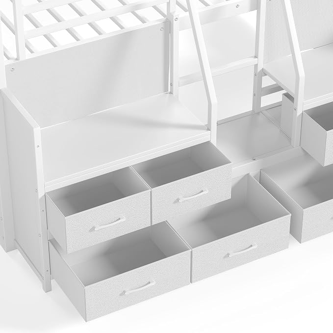 Bellemave Full Size Loft Bed with 8 Non-Woven Fabric Storage Drawers and Bookshelf, Low Loft Bed with Lights and Private Play Curtain, Full Loft Beds with High Rails, Noise Reduced White