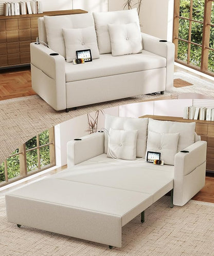 Krcix 3 in 1 Sofa Bed, 56 Inch Convertible Pull Out Couch, Loveseat Sleeper Sofa with Cup Holders, USB, Side Pockets, Multi-Function Couch Bed for Living Room, Apartment, Beige