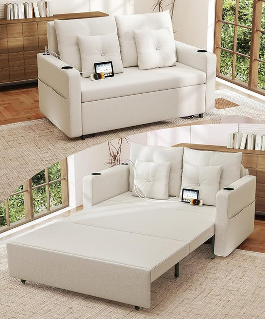 Krcix 3 in 1 Sofa Bed, 56 Inch Convertible Pull Out Couch, Loveseat Sleeper Sofa with Cup Holders, USB, Side Pockets, Multi-Function Couch Bed for Living Room, Apartment, Beige