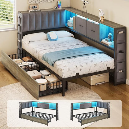 MapleGrace Twin Corner Bed Frame with Upholstered Storage Headboard and Drawers, Metal Platform Bed Frame with LED Light and Charging Station, Twin Daybed for Living Room, Bedroom & Guest Room, Gray
