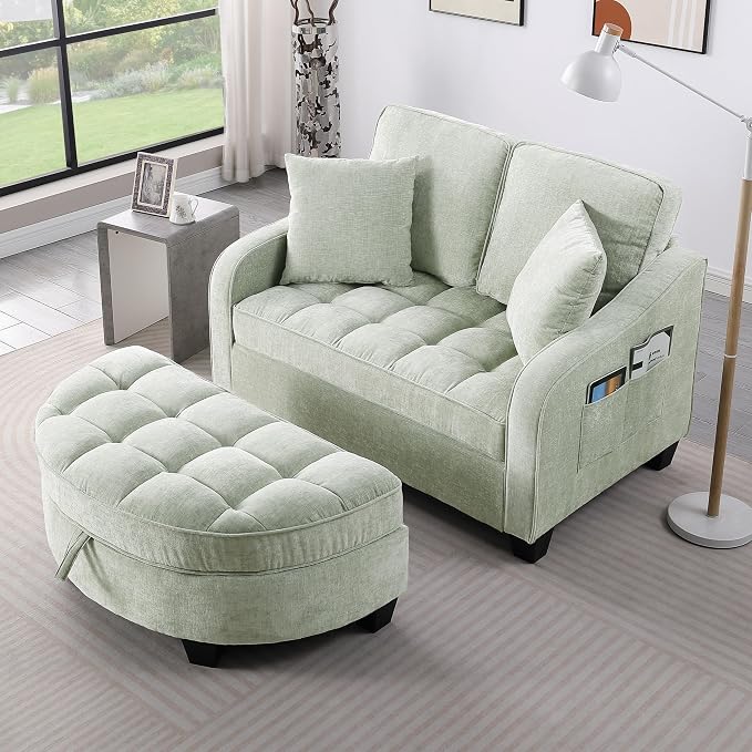 ERYE Chenille Tufted Loveseat Sofa and Ottoman Set, Tufted Recliner Sleeper Chaise Lounge with Curved Storage Ottoman,Reclining Backrest and Side Pockets, 4 Pillows