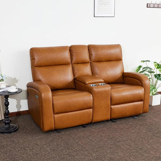 MCombo Zero Wall Recliner Loveseat, 2-Seat Power Wall Hugger Sofa with USB & Type-C Dual Ports, for Small Space, Living Room, RV PR646 (Cognac Brown, Loveseat with Console)