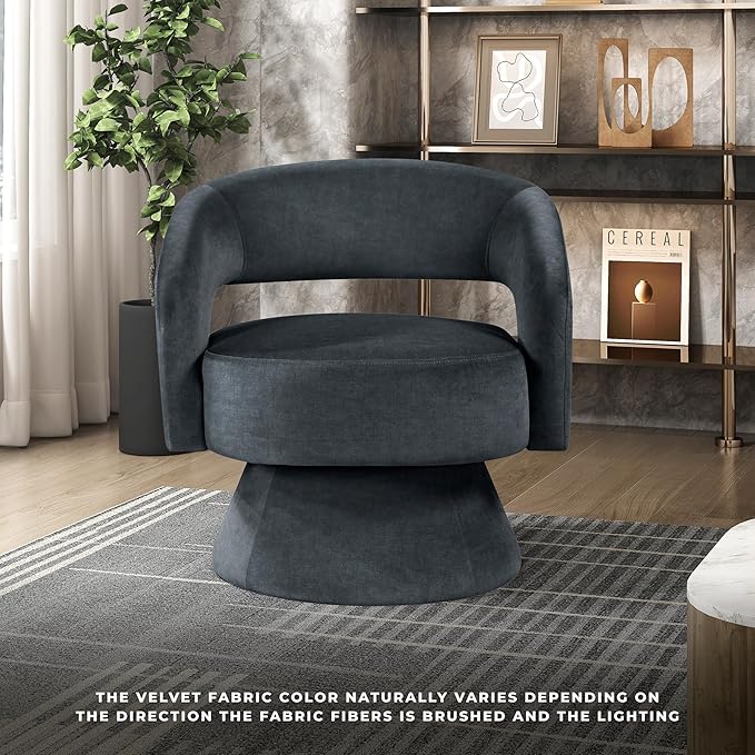 Lexicon 360 Degree Swivel Accent Chair, Modern Comfy Velvet Round Barrel Chair, Open Back, Plush Foam Cushions, Metal Swivel Base for Living Room/Bedroom/Office/Small Spaces, Dark Gray