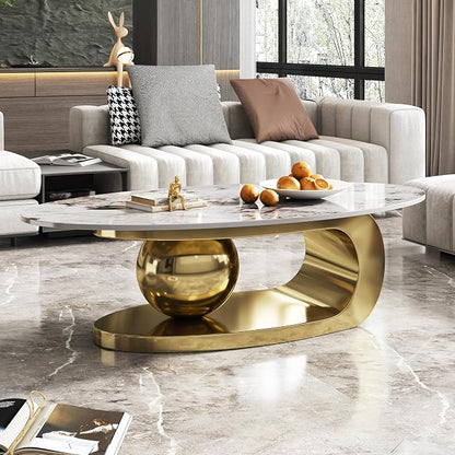 49.2" Modern Oval Marble Coffee Table – Gold Stainless Steel Base, Scratch-Resistant, Easy Assembly