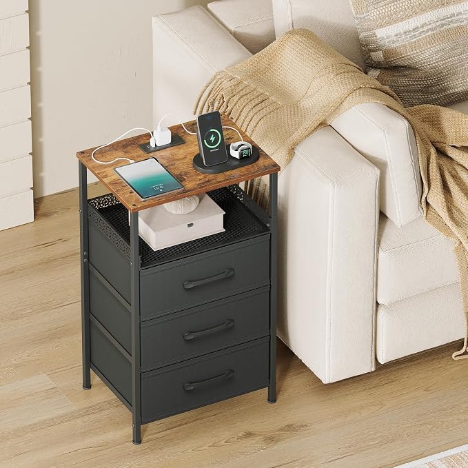 JARHETUN Nightstand Set of 2, Night Stands with Charging Station, 26.4 Inch Tall Bedside Table with Metal Shelf, Modern Side End Table with 3 Fabirc Drawers, Small Dresser for Bedroom, Rustic Brown