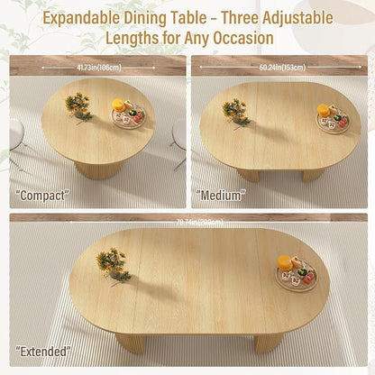 41 in-78 in Extendable Dining Room Table for 4-8, Round Expandable Kitchen Table with Fluted Base, Modern Farmhouse Oval Dinner Tables for Dining Room Kitchen Living Room (Natural)