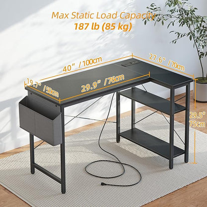 TIQLAB Gaming Desk with Power Outlets - 40 inch L Shaped Computer Desk, Reversible Design Small Corner Desk, Bookshelf Workstation for Work Study Play Home Office, Black