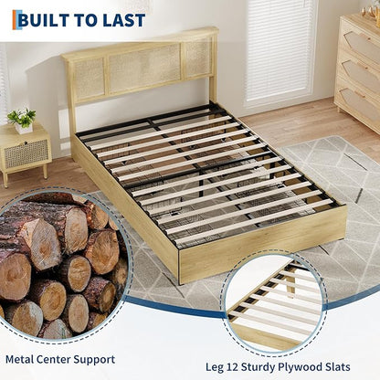 IDEALHOUSE Full Bed Frame with Natural Rattan Headboard, Slats, Bohemian-Style Cane Mattress Support, Strong Metal Base with Resilient Wooden, No Box Spring Needed
