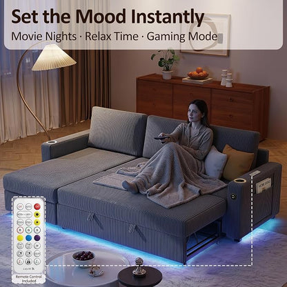 Ball & Cast 80" Sectional Sleeper Sofa Bed Pull Out Couches for Living Room | L Shaped Convertible Pull Out Sofa Bed with Storage Chaise, LED Lights, Foldable Table, USB Ports, Cup Holder and Side Pocket