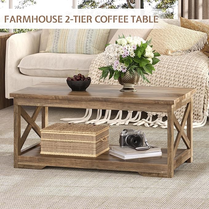 LUXOAK 3-Piece Farmhouse Living Room Table Sets, Includes 1 x Coffee Table, 2 x End Tables with Charging Station & USB Ports, Rustic Coffee Table Set of 3, Barnwood