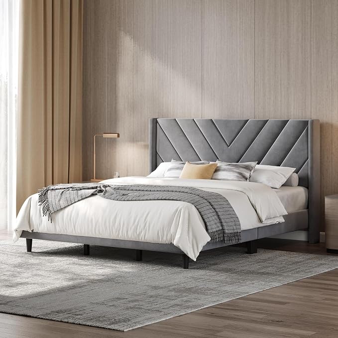 Yaheetech King Bed Frame Upholstered Platform Bed/Wooden Slat Support/Tufted Headboard with Wing Side/Mattress Foundation/No Box Spring Needed,Light Gray King
