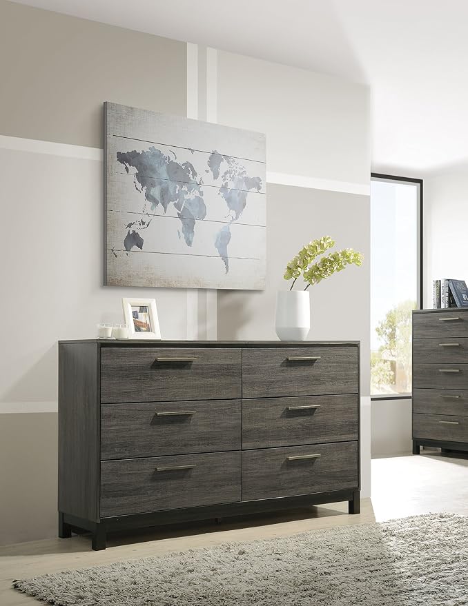 Roundhill Furniture Ioana 187 Antique Grey Finish Wood Bed Room Set, Queen Size Bed, Dresser, Mirror, Night Stand, Chest