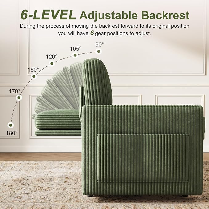 Sleeper Sofa with Pull Out Bed, Plush Corduroy Convertible Sofa Bed with Adjustable Backrest and Cup Holders, Loveseat Sleeper Couches for Living Room, Apartment, Green