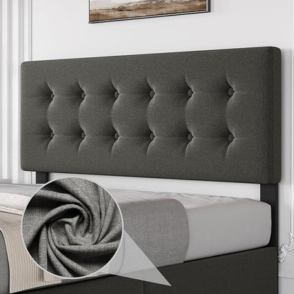 IDEALHOUSE Full Size Bed Frame with 4 Storage Drawers and Headboard, Linen Upholstered Platform Bed Frame with Wooden Slats Support, Button Tufted Design, No Box Spring Needed, Light Grey
