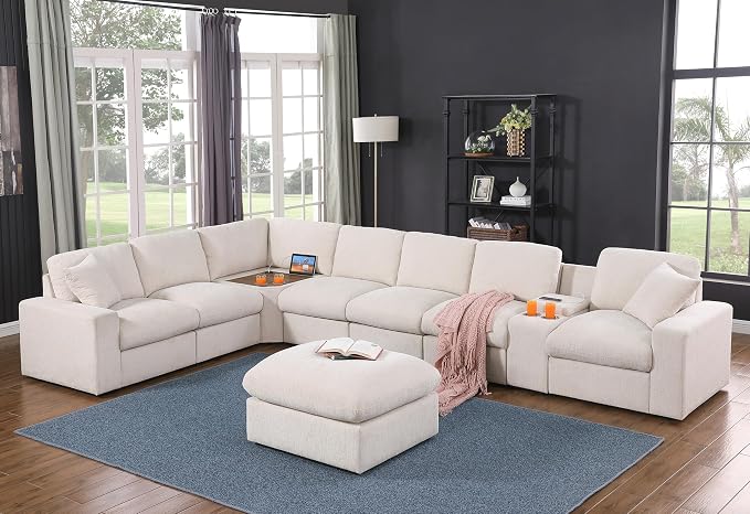 Ball & Cast 157" Oversized Modular Sectional Sofa L-Shaped,Large Chenille Upholstered Couch 8 Seat with Ottoman,Cup Holders & USB Ports,Comfty Sectionals W/Pillows & Storage Box,for Living Room,Beige