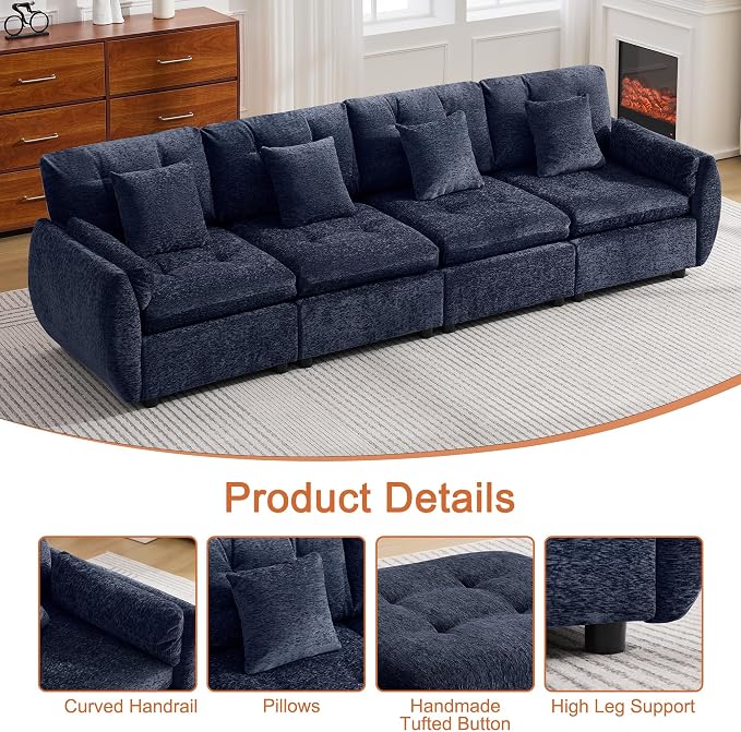112" Oversized Modular Cloud Sofa, Deep Seat Tufted Chenille 4-Seater Sectional Couch with Curved Arms, Comfy Sofas for Living Room, Blue