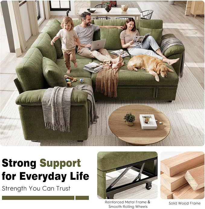 Ihanherry 86" Modular Sectional Sofa with Pull Out Bed, 5-Seater L Shaped Sectional Sleeper Couch with Storage, Chenille Convertible Couches for Living Room, Apartment (Green)
