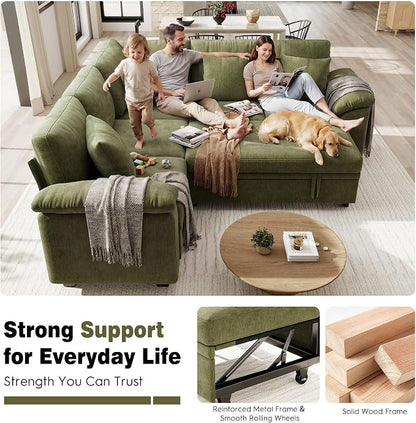 Ihanherry 86" Modular Sectional Sofa with Pull Out Bed, 5-Seater L Shaped Sectional Sleeper Couch with Storage, Chenille Convertible Couches for Living Room, Apartment (Green)