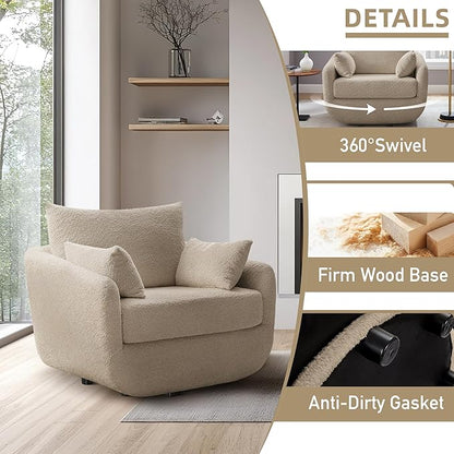 360° Swivel Accent Armchair, 39.3" Oversized, Sherpa Boucle Fabric Sofa Chair with Removable Back & Arm Pillows, Swivel Chair with Cozy Soft Padded (1, Camel)