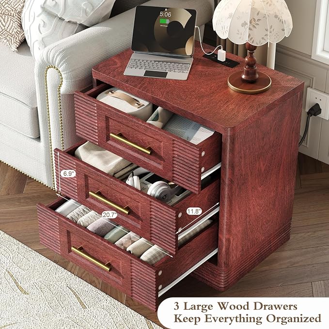 RECHHX 3 Drawer Dresser for Bedroom, 25.6" Tall Nightstand with Charging Station, Farmhouse 23.6" Wide End Table, Thermoformed Curved Small Chest of Drawers for Bedroom, Living Room, Walnut Cherry