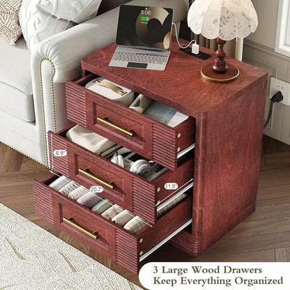 RECHHX 3 Drawer Dresser for Bedroom, 25.6" Tall Nightstand with Charging Station, Farmhouse 23.6" Wide End Table, Thermoformed Curved Small Chest of Drawers for Bedroom, Living Room, Walnut Cherry