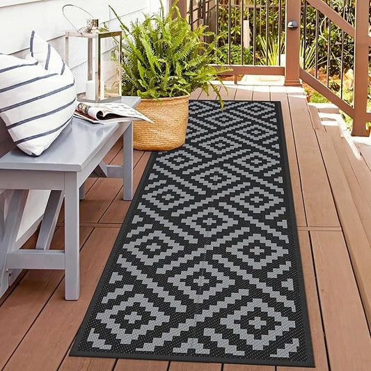 GENIMO Outdoor Rugs 2.5'x8' Waterproof, Reversible Mats, Outdoor Area Rug, Plastic Outside Carpet, Eeometric Rv Mat for Patio Camping Rv Picnic Backyard Deck Balcony Porch Beach (Black & Grey)