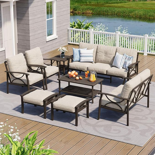FansaFurn 8-Pieces Outdoor Patio Furniture Set, Outdoor Metal Sectional Furniture with Cushions, Outdoor Conversation Seating Set with Coffee Table for Garden, Balcony, Deck, Backyard, Khaki