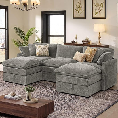 Ihanherry 103” Modular Sectional Sofa with Storage, U Shaped Cloud Couch with Movable Ottomans & 4 Pillows, Chenille Deep Seat Sectional Couches for Living Room, Apartment (Grey)