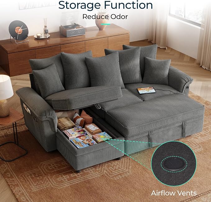 LINSY HOME 90.5'' Sectional Sleeper Sofa with Pull Out Couch Bed Modular (Gray, 90.5'') | USB Charging