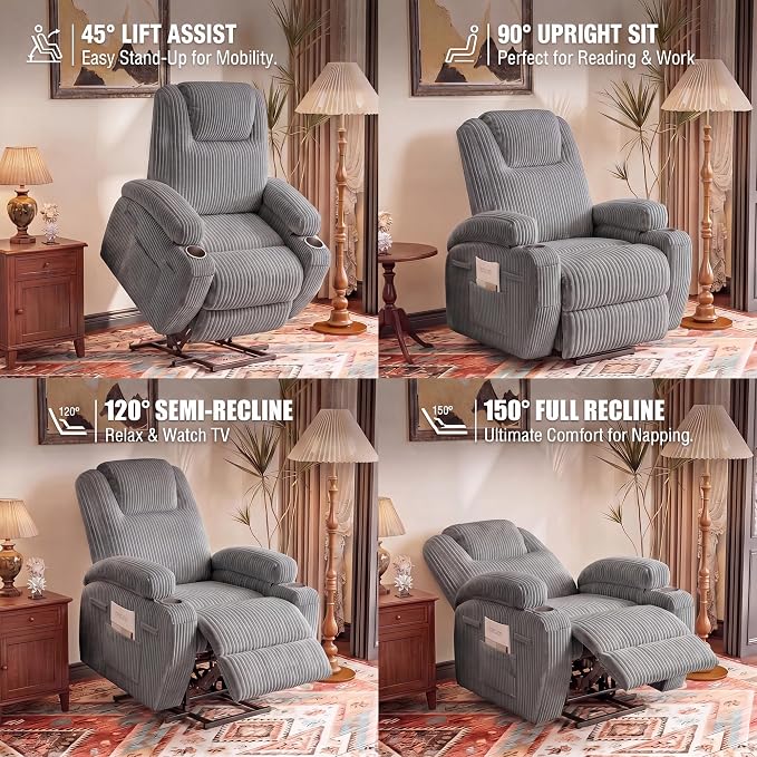 Flamaker Power Lift Recliner Chair Electric Lift Recliner for Elderly Power Lift Recliner Chair with Cup Holders Side Pockets for Living Room (Corduroy, Dark Gray)