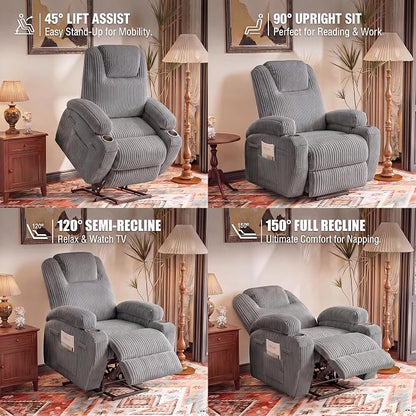 Flamaker Power Lift Recliner Chair Electric Lift Recliner for Elderly Power Lift Recliner Chair with Cup Holders Side Pockets for Living Room (Corduroy, Dark Gray)