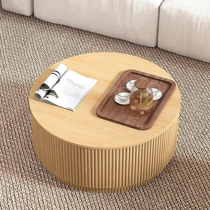 LEVNARY 31.5" Round Coffee Table with Storage, Boho Coffee Tables with Fluted Base, Wooden Circle Accent Center Table for Living Room Small Space Apartment Office (Natural)